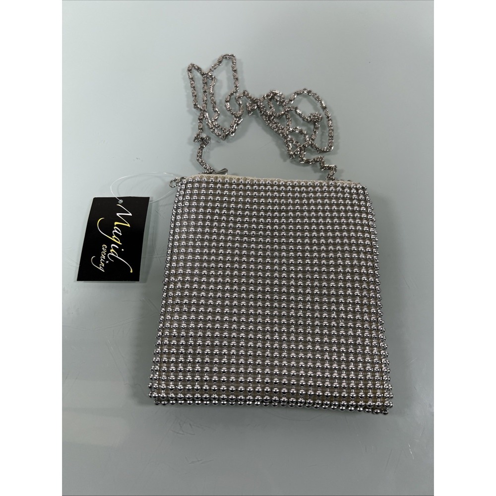 Magid Evening Beaded Clutch Purse White Chain Strap Formal Bag NWT